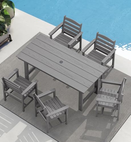 SERWALL Outdoor HDPE Dining Table Set, 7-Piece Outdoor Dining Table Sets with Umbrella Hole Cut-Out Table and 6 Chairs, Gray