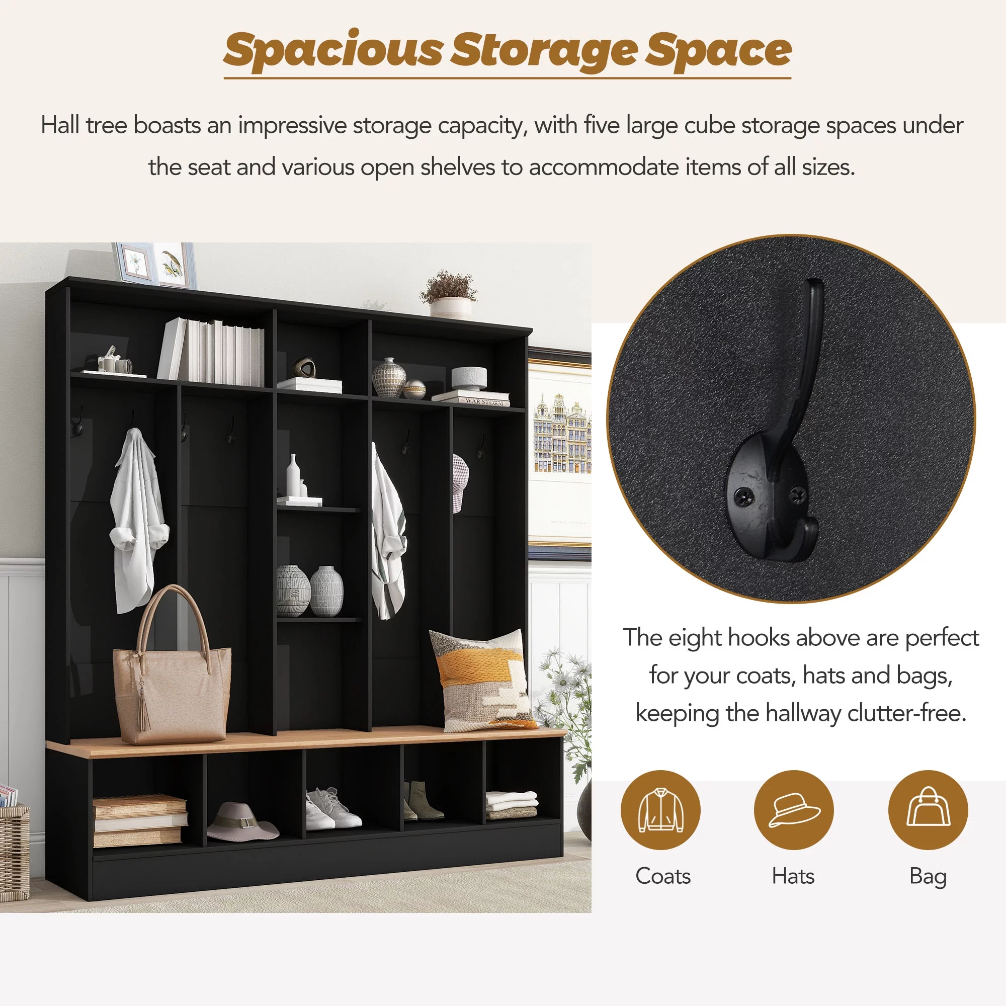 CoSoTower Wide Design Hall Tree with Storage Bench, Minimalist Shoe Cabinet with Cube Storage & Shelves