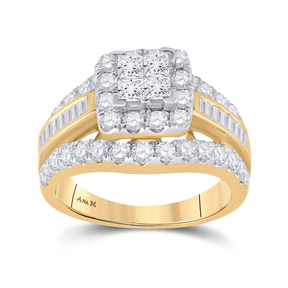 Women's Solid 14kt Yellow Gold Princess Diamond Cluster Bridal Wedding Engagement Ring 2 Cttw Ring Size 6