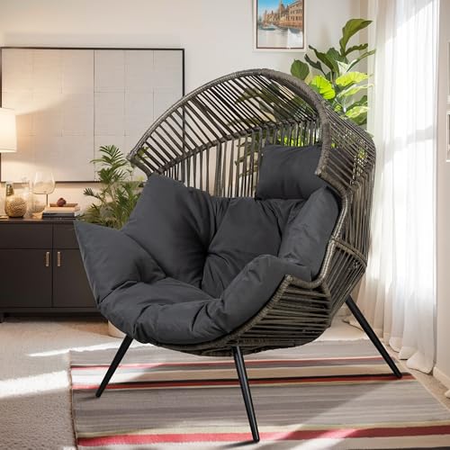 Vongrasig Outdoor Wicker Egg Chair PE Rattan Chair with Cushion, Oversized Patio Lounge Chair for Outdoor, Indoor, Balcony, Backyard, Garden, Black