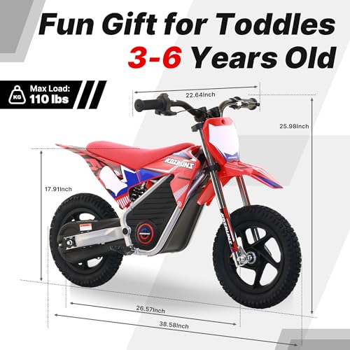 OLALA 36V Electric Dirt Bike for Kids Aged 4-8, Brushless 350W Racing Grade Electric Motorcycle, Up to 18.6MPH & 3 Speed Settings, Dual Disc Brakes