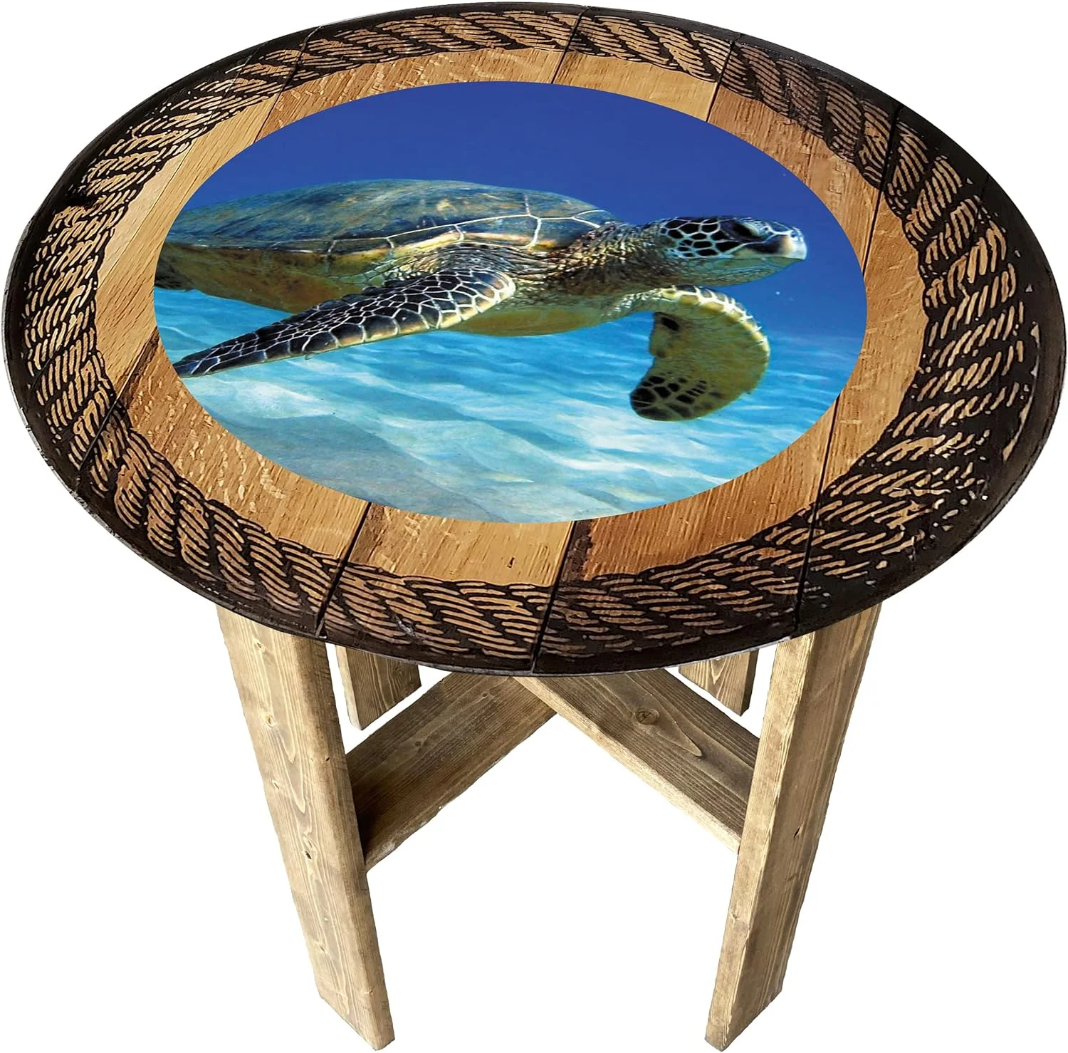 Sea Turtle Swimming Pub Gift Farmhouse Rustic Round Whiskey Barrel End Table