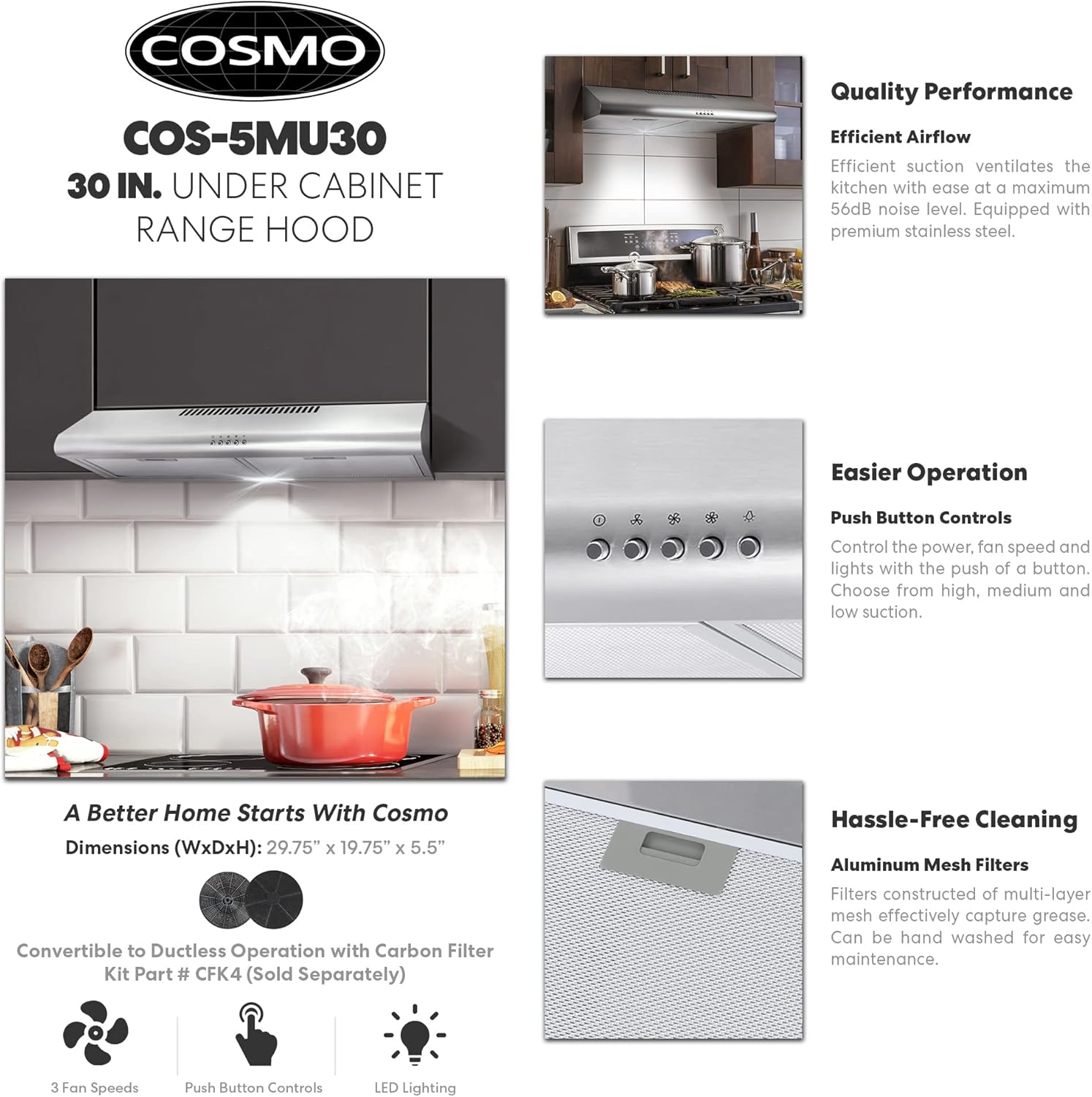 Cosmo COS-5MU30 30 in. Under Cabinet Range Hood Ductless Convertible Duct, Slim Kitchen Stove Vent with, 3 Speed Exhaust Fan