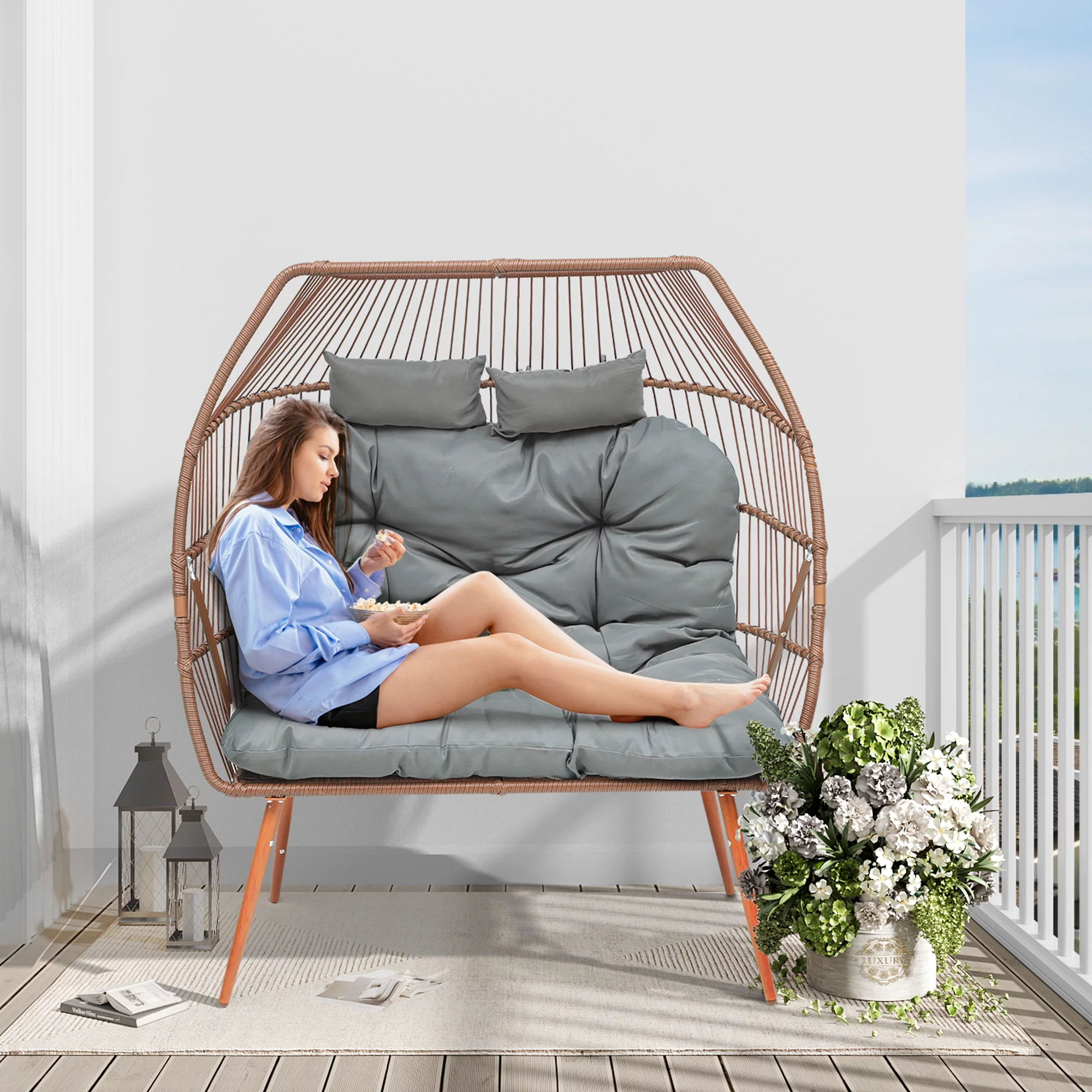 Dextrus Double Egg Chair with Legs 2 Person Wicker Egg Chair Indoor Outdoor Patio Egg Chair with Cushions 510lbs for Patio, Bedroom
