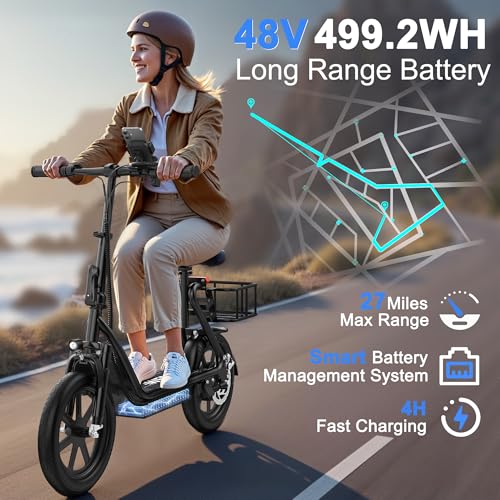 Electric Scooter with Seat, 500W Motor, 14'' Tires, Top Speed 22 mph, Max 27/49 Miles Ranges, Foldable E-Scooter with Suspension