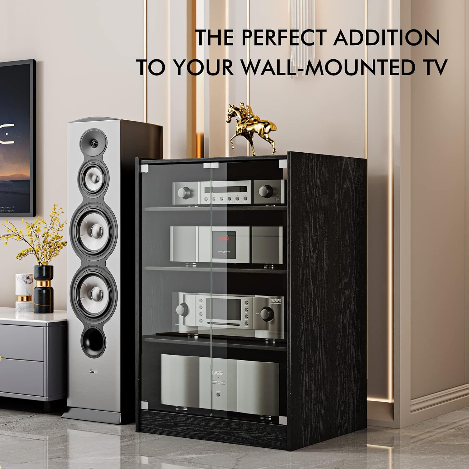 Media Storage Cabinet with Height Adjustable, 4-Tier Shelves Audio Video Media Stand Cabinet, Modern AV Cabinet with Glass Doors