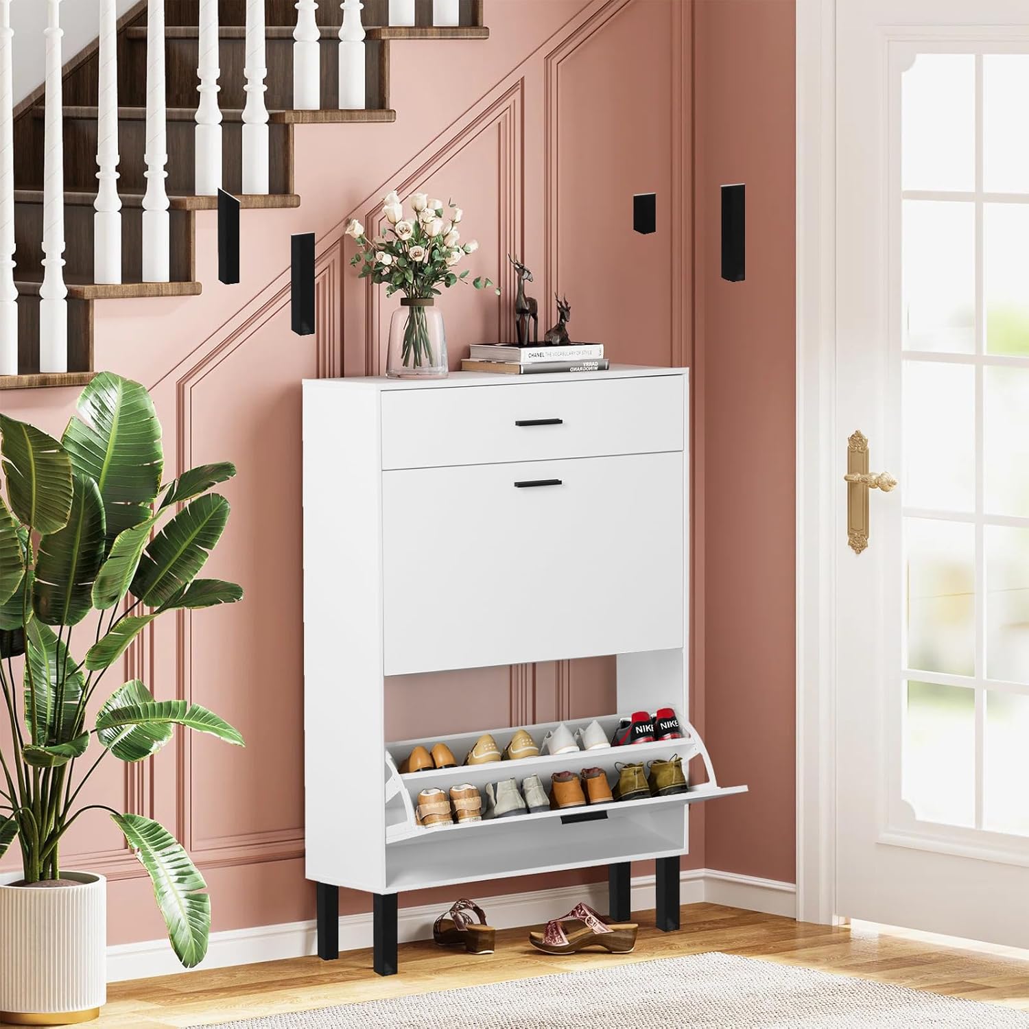 Slim Shoe Cabinet with Doors Wooden Free Standing Shoe Rack with 2 Flip Drawers Modern White Shoe Storage Cabinet with Drawer for Entryway Hallway