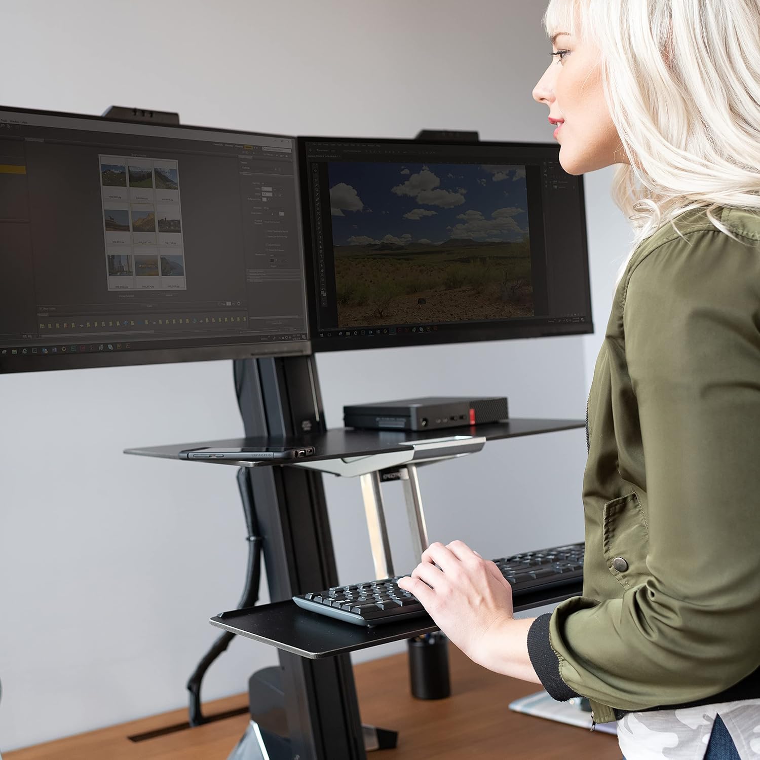 Ergotron – WorkFit-S Dual Monitor Standing Desk Converter, Sit Stand Workstation for Tabletops – with Worksurface, Black