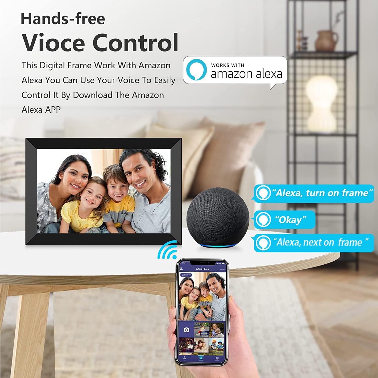 WiFi Digital Photo Frame 10.1 inch Work with Alexa Voice Control HD IPS Touch Screen, Built-in16GB Storage, Auto-Rotate Wall-Mountable