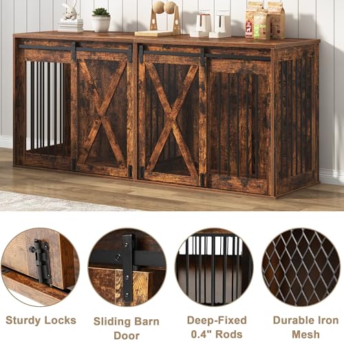 78.7" XXL Dog Crate Furniture for 2 Large Dogs, Heavy Duty Double Dog Cage Large Breed, 35.4" Tall Thick Wooden Dog Kennel TV Stand with Divider