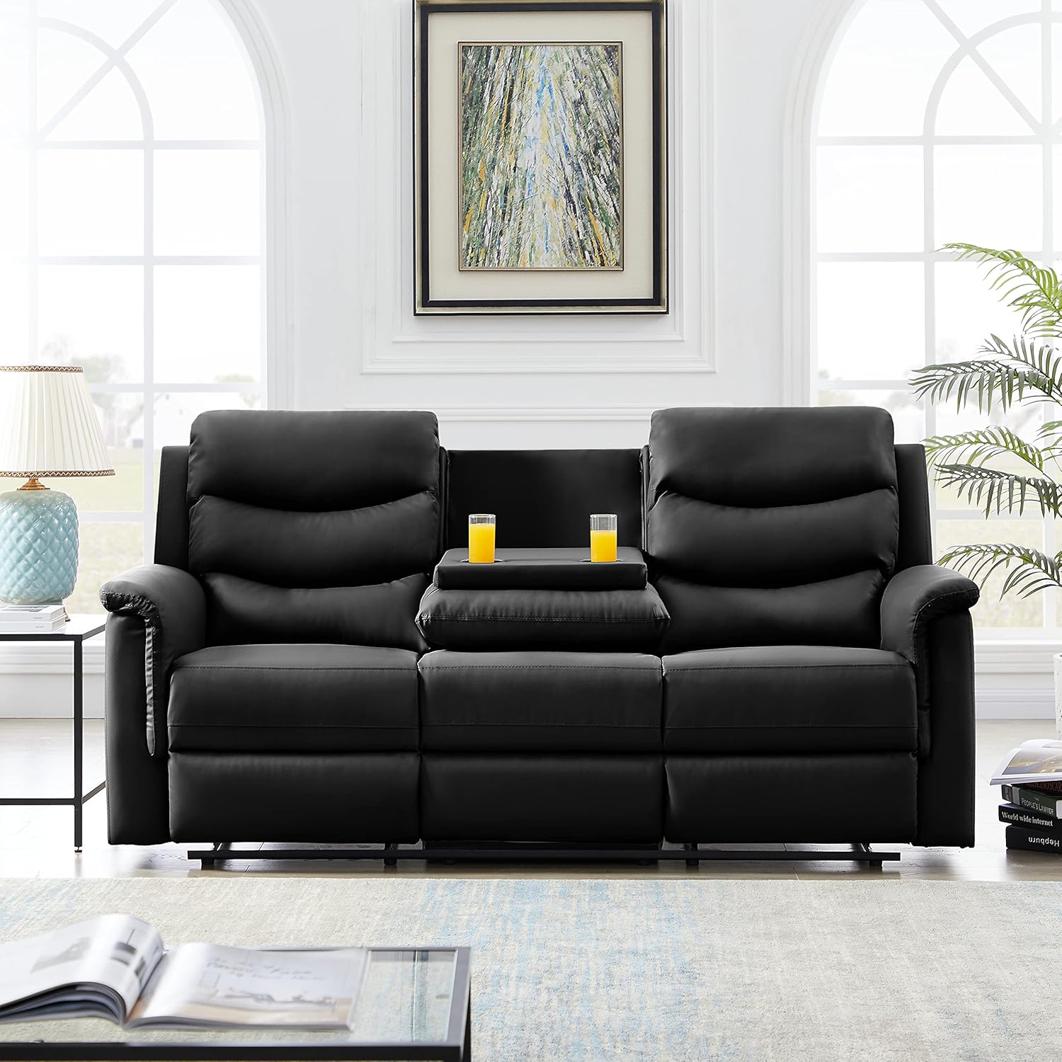 Faux Leather Double Recliner Loveseat Console,3-Seater Home Theater Seating RV Furniture w/Drop-Down Table