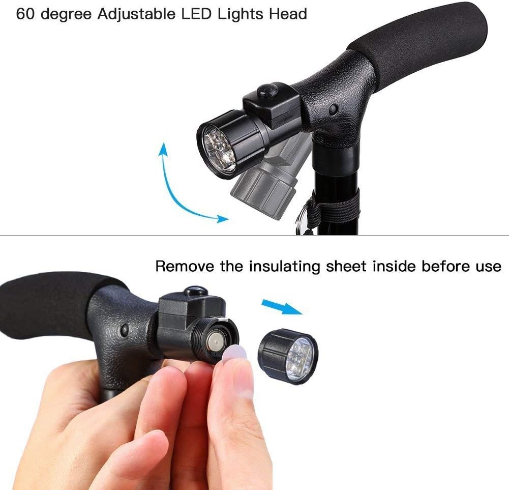 Medical Convenient Two-Handle Walking Cane Lightweight Walking Stick with Adjustable LED Lights and Stable Quad Cane Base Pack of 2