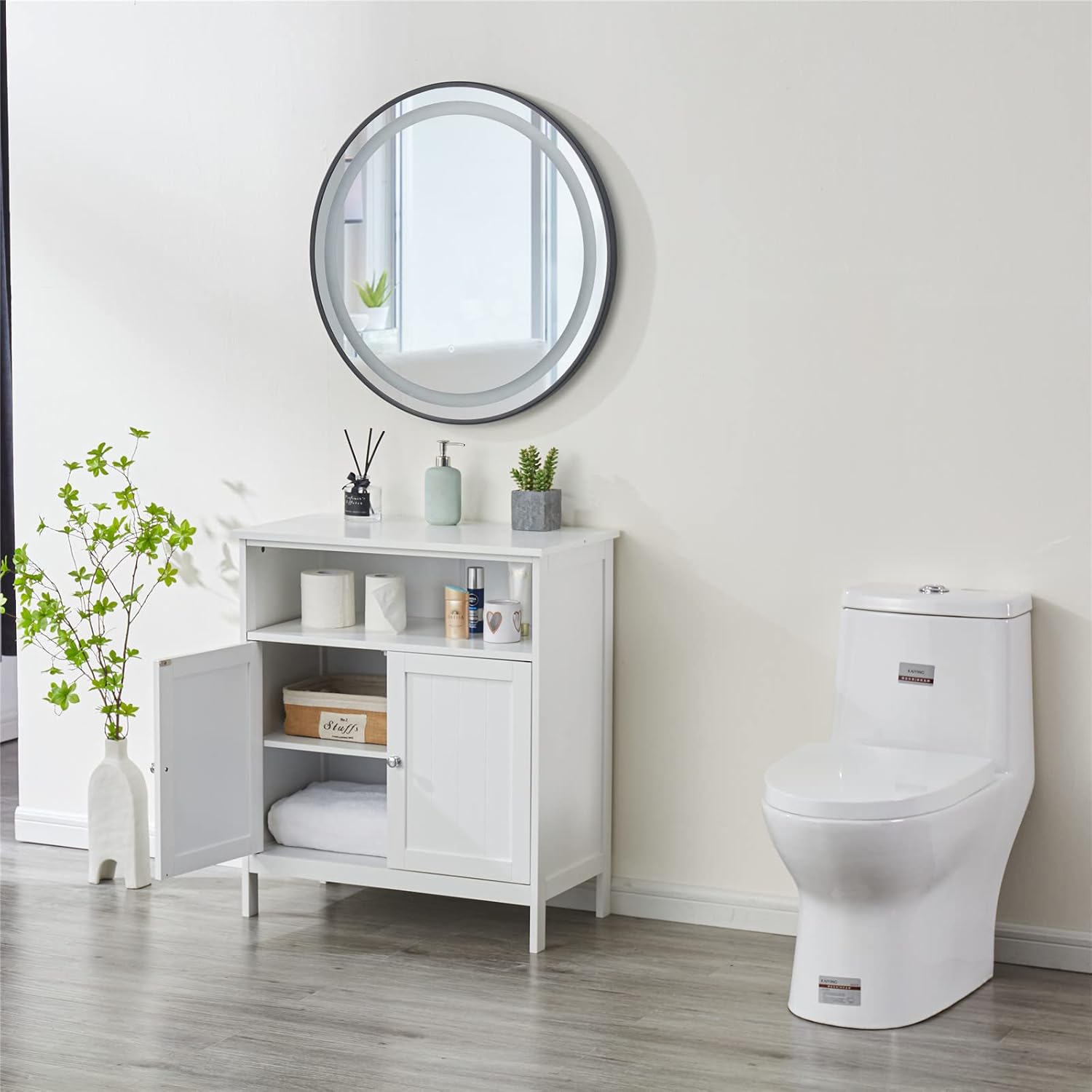 HoorLang Storage for Bathroom, Small Cabinets, Bathroom Table with Storage Cupboard Open Compartments, Easy Assembly White HLBC04W