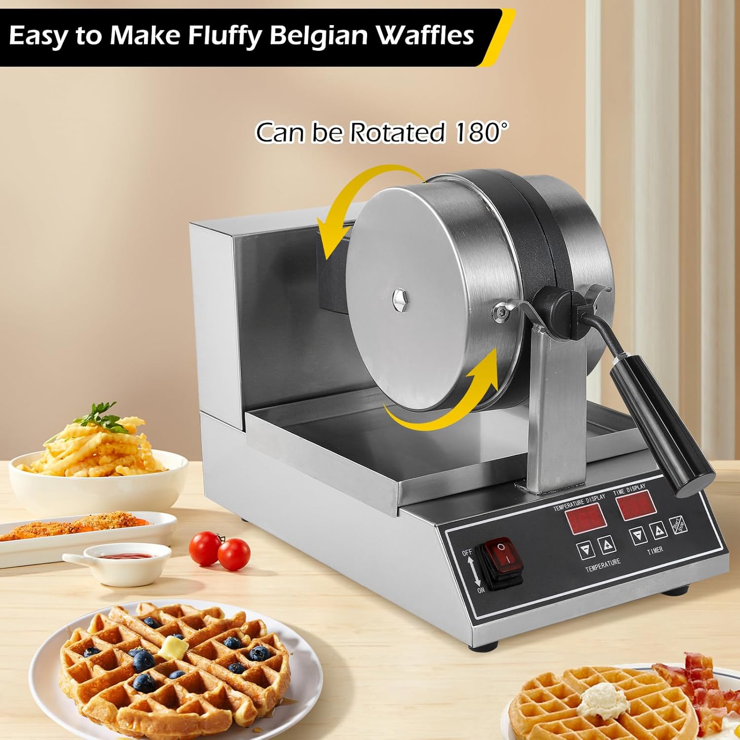 Dyna-Living Commercial Waffle Maker 110V 1200W Intelligent Belgian Waffle Maker Rotating 180° Round Waffle Maker Nonstick Flip Waffle Iron Machine