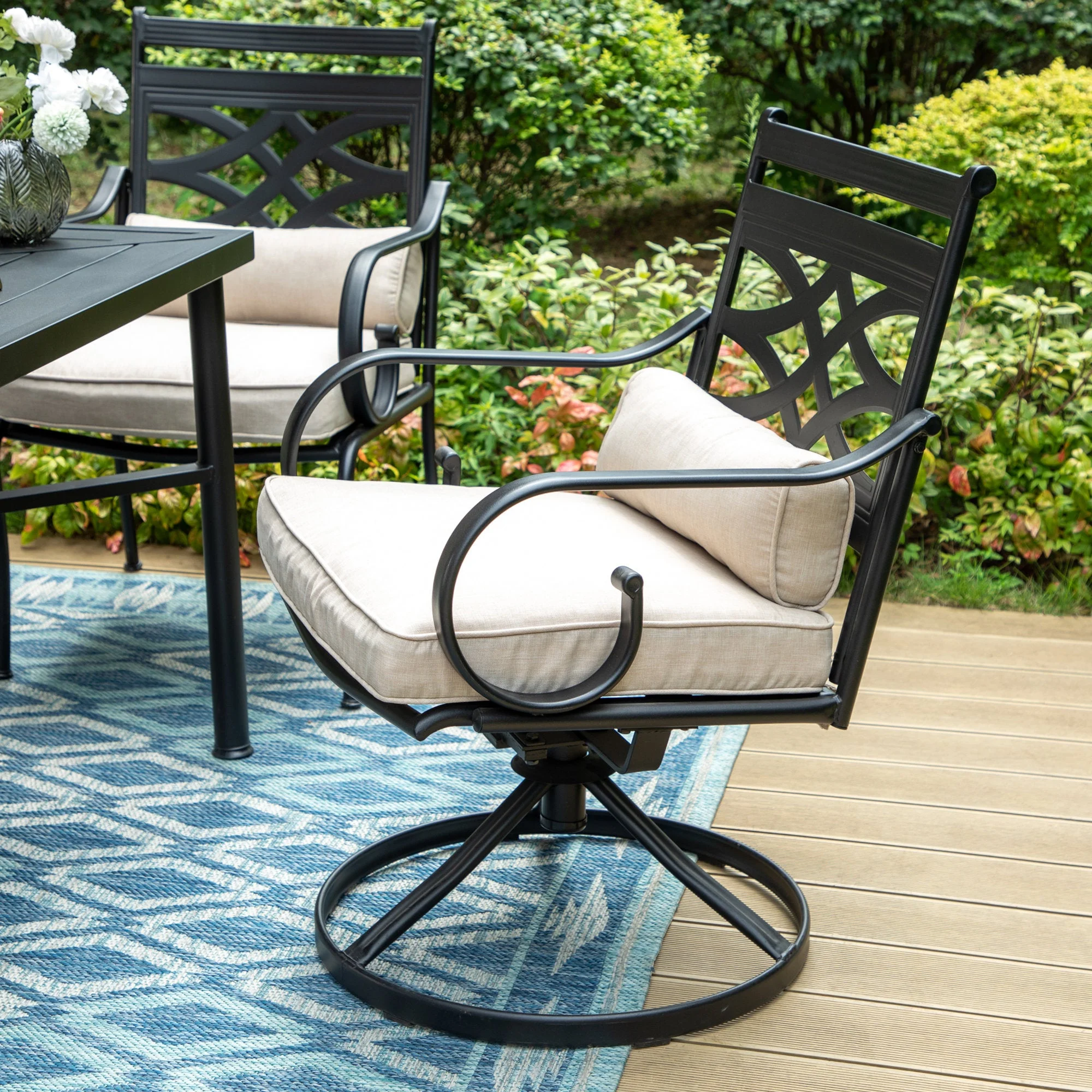 Summit Living 7-Piece Outdoor Dining Set with Swivel Cushioned Chairs for 6-Person, Umbrella Support, Black & Beige