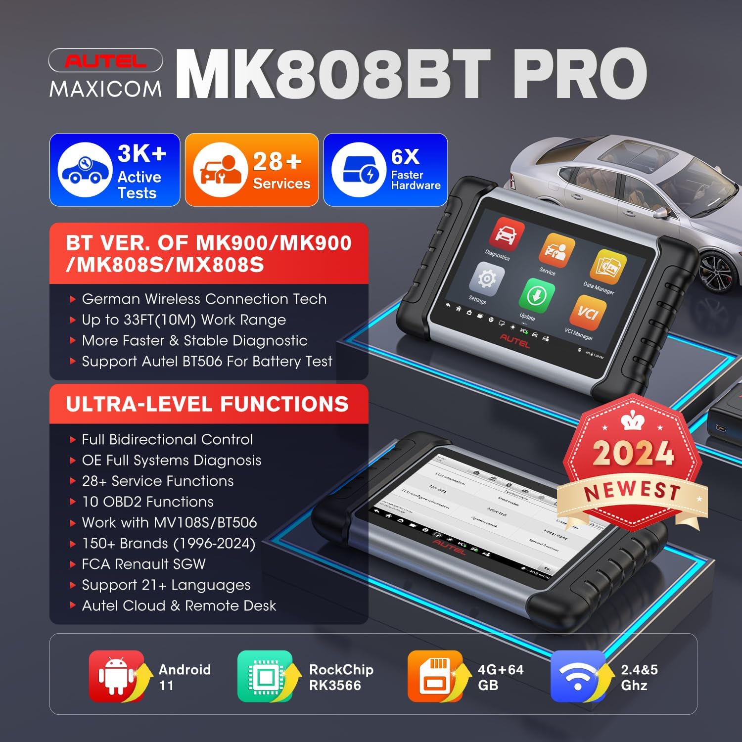 Autel MaxiCOM MK808BT PRO: 2024 Bidirectional Tool Up of MK900/ MX900/ MK808S/ MK808BT/ MaxiCheck MX808S/ MK808Z, 3K+ Active Tests as MK900BT