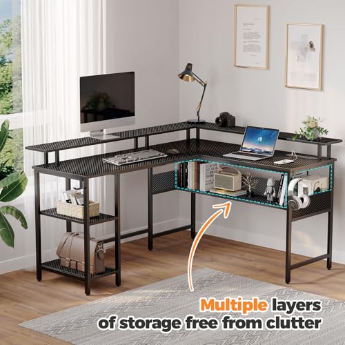 Rolanstar Computer Desk 56.7" with LED Lights and Power Outlets, Carbon Fiber Surface, Reversible L Shaped Gaming Desk with Monitor Stand