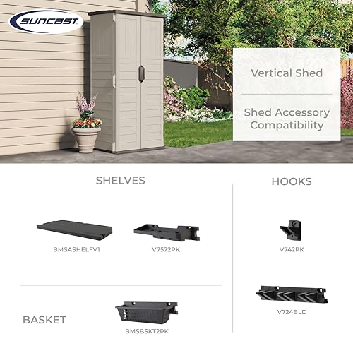 Suncast Vertical Outdoor Storage Shed with Reinforced Floor, Lockable Double Doors, All-Weather Construction, and Multi-Wall Panels, Vanilla