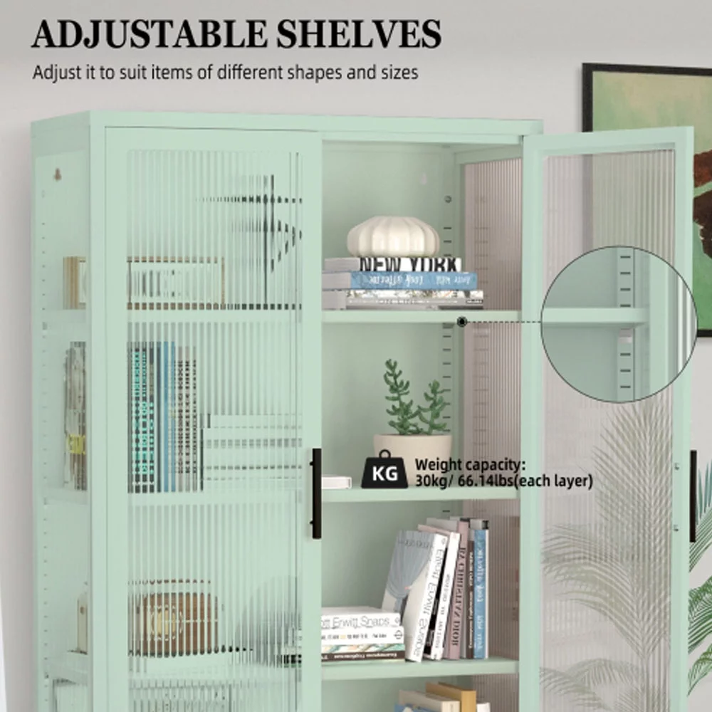 Double Glass Door Storage Cabinet with Adjustable Shelves and Feet Cold-Rolled Steel Sideboard Furniture, Mint green - Radiant Selections