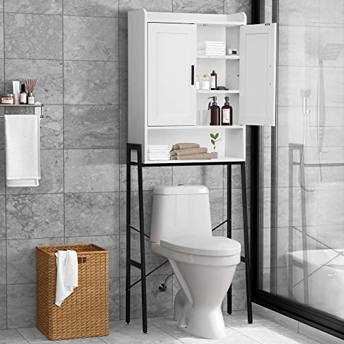 Over The Toilet Storage Cabinet, Wooden Space-Saving Bathroom Organizer Shelf Over Toilet Storage Rack with Double Door and Adjustable Feet