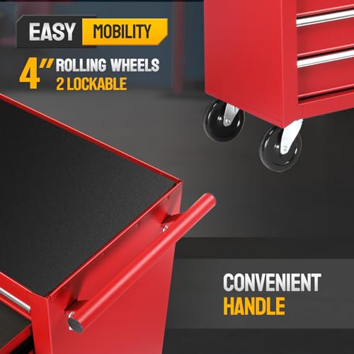 TUFFIOM 7-Drawer Rolling Tool Chest with Side Shelves, Tool Storage Side Cabinet w/Lockable Wheels, Top Cushion & Drawer Liners