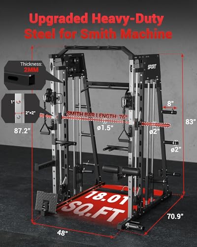 Smith Machine Home Gym All in One, 2200LBS Squat Rack Power Cage with Smith Bar, LAT Pull-Down, Cable Systems, Leg Hold-Down and More Attachments
