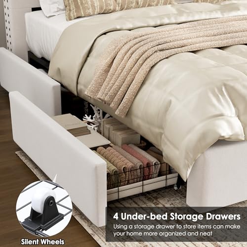 King Size Bed Frame 54" Tall Headboard with Gorgeous Button Tufted and Nail, Velvet Fabric Upholstered Bed Frame includes 4 Under-bed Storage Drawers