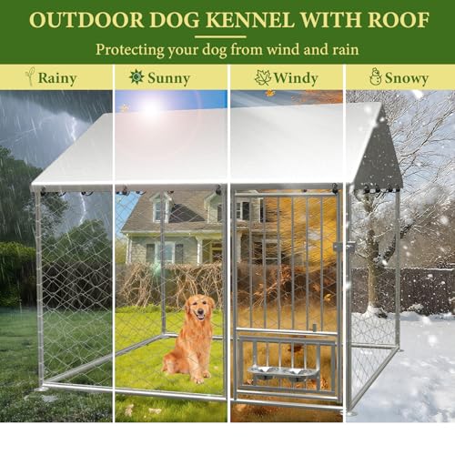 10X10FT Outdoor Large Dog Kennel, Heavy Duty Dog Cage for Large Dogs, Durable Dog House Enclosure with Roof and Rotating Feeder Bowls