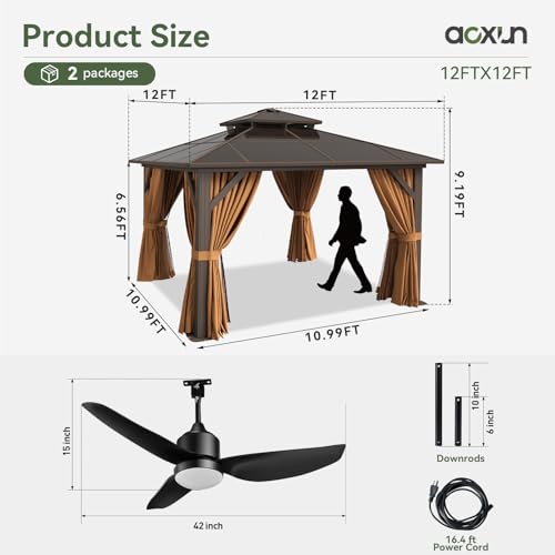 Aoxun 12'x10' Hardtop Gazebo, Aluminum Frame Permanent Pavilion with Curtains and Netting, Outdoor Polycarbonate Double Roof Canopy