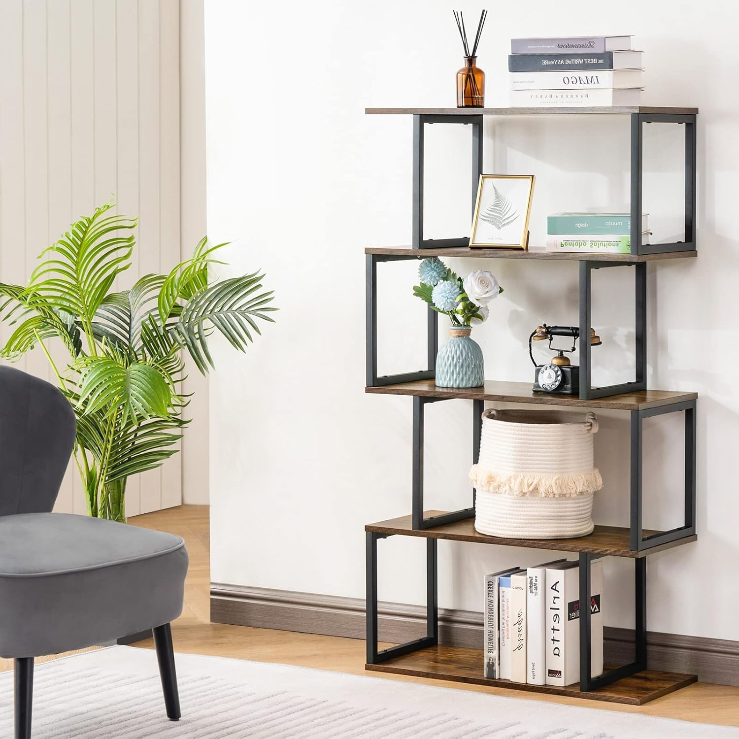 Apicizon Industrial Bookshelves Wooden Bookcase, 2-Tier Bookshelf, S-Shaped Bookshelf Modern Bookshelf