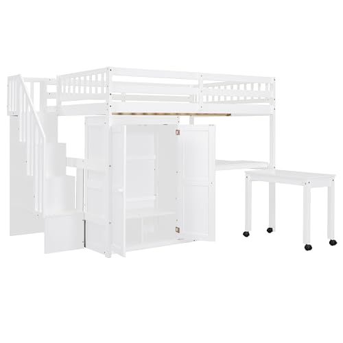 Harper & Bright Designs Twin Size Loft Bed with Stairs and Bookshelf, Wood Twin Storage Bed with Desk & Wardrobe