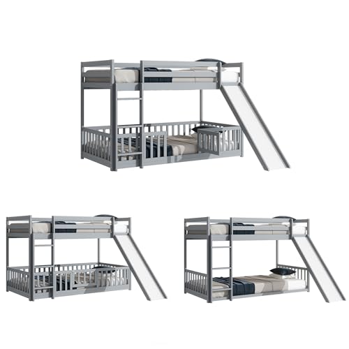 Full-Over-Full Castle Style Bunk Bed with 2 Drawers and 3 Shelves, Wood Bunk Bed Frame with Slide and Storage Staircase for Kids Teens Boys Girls