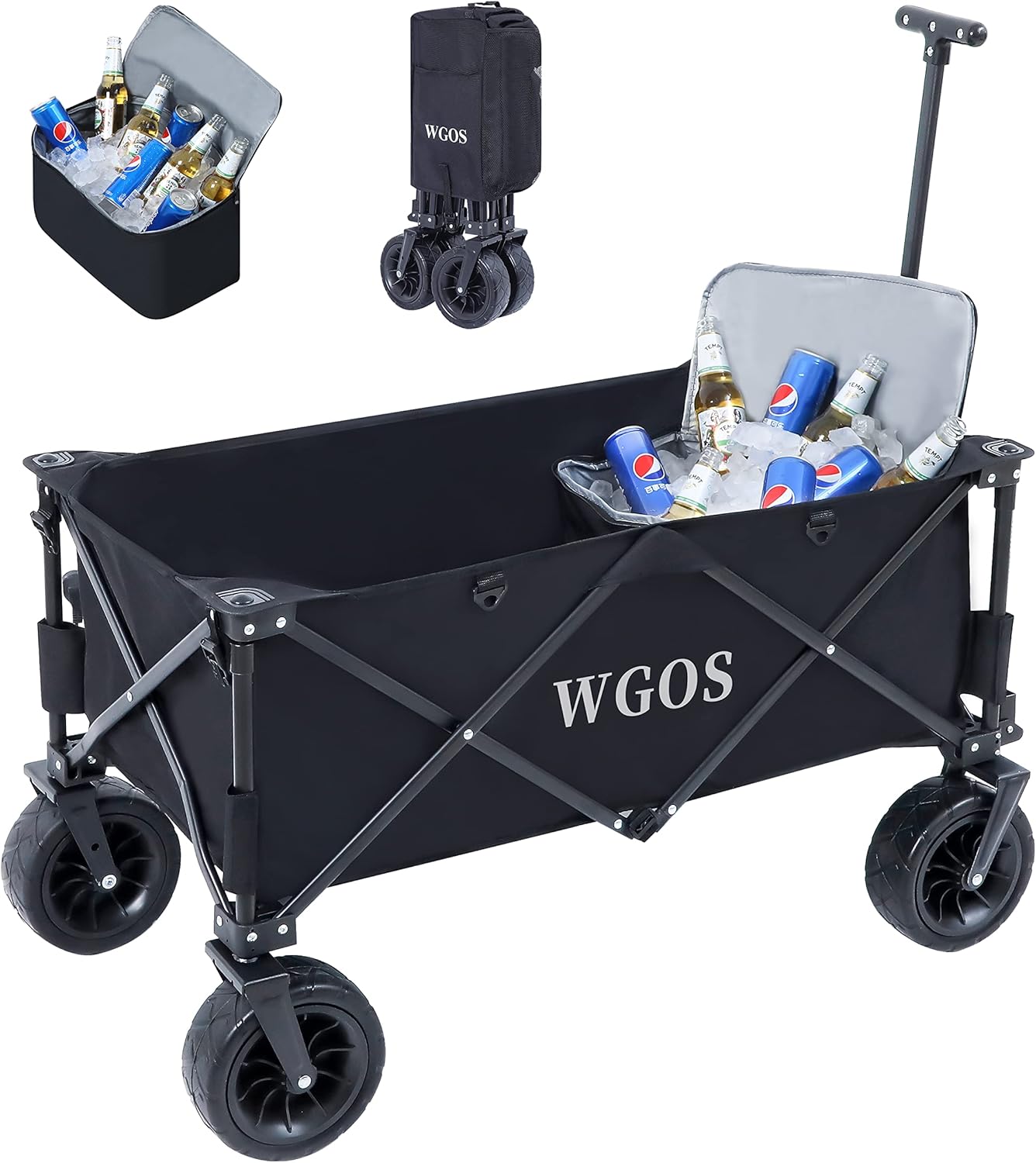 WGOS Collapsible Folding Wagon with Cooler Bag and Adjustable Handle for Camping Outdoor Wagon Cart (Black)