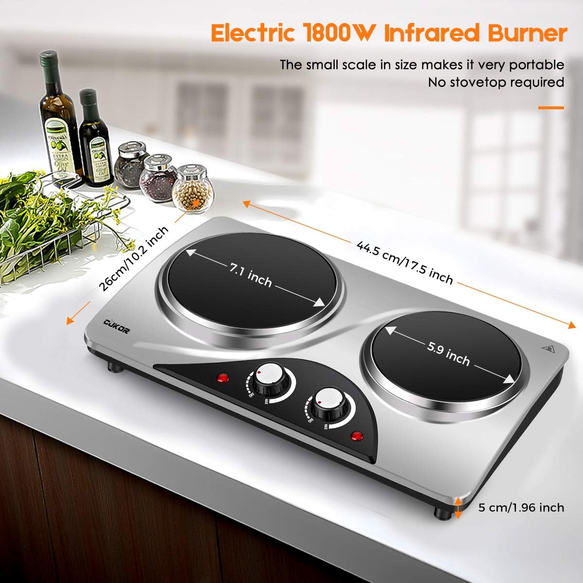 CUKOR Electric Hot Plate, 1800W Portable Electric Stove,Infrared Double Burner,Heat-up In Seconds