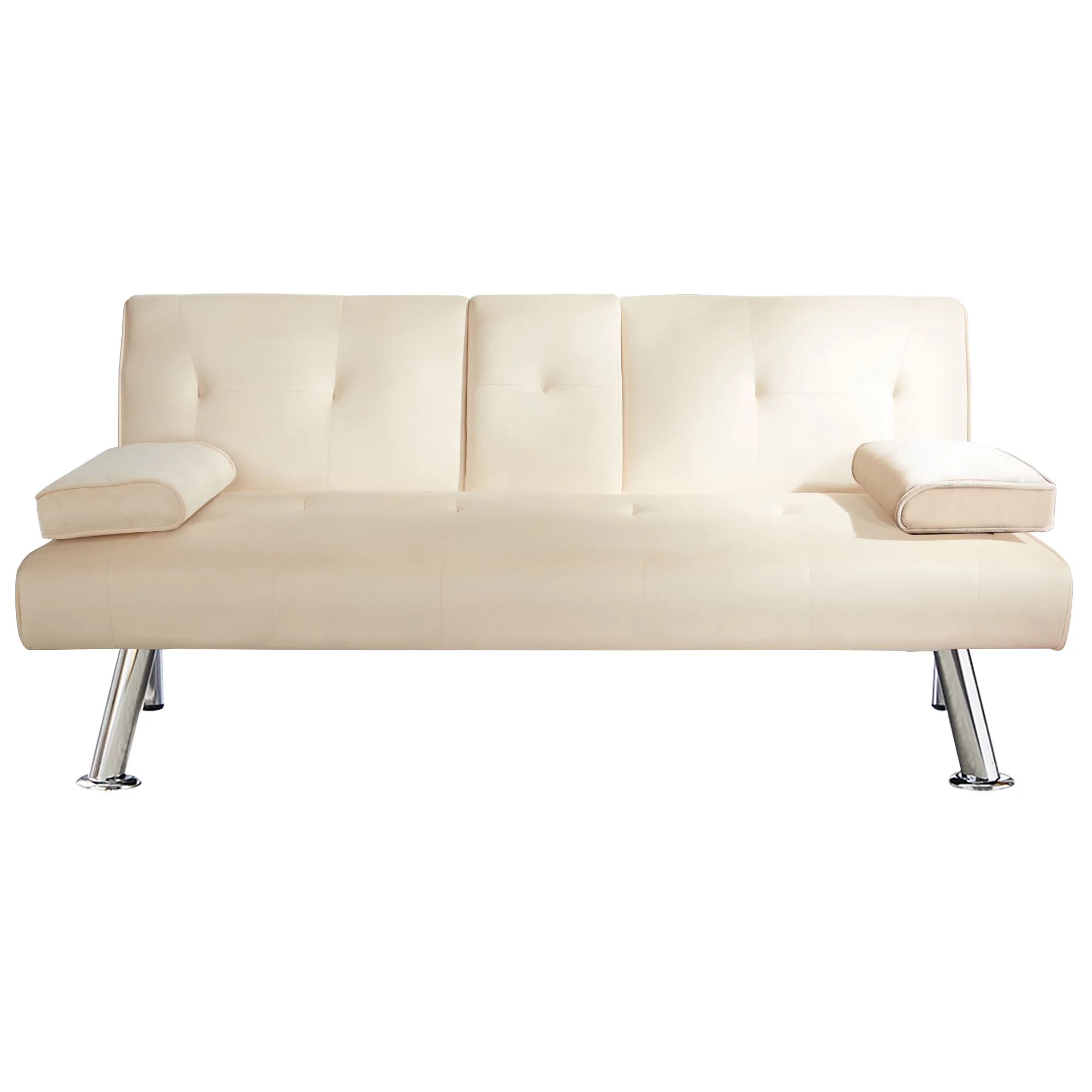 65" Upholstered Folding Futon Sofa Bed Modern Convertible Couch 2 Cup holders Fabric loveseat Plush Furniture for Compact Living Space Apartment Dorm