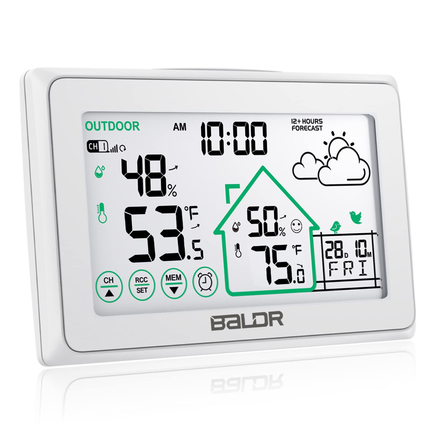 BALDR Weather Station, Atomic Clock Digital Touch Screen Indoor Outdoor Thermometer Wireless Temperature Humidity Monitor with Backlight and Calendar