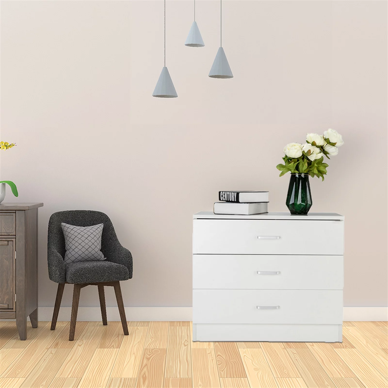 3-Drawer Dresser, White Chester Drawer Bedside Nightstand for Bedroom, Under Desk File Storage Cabinet for Office with Sliding Drawer Metal Handle