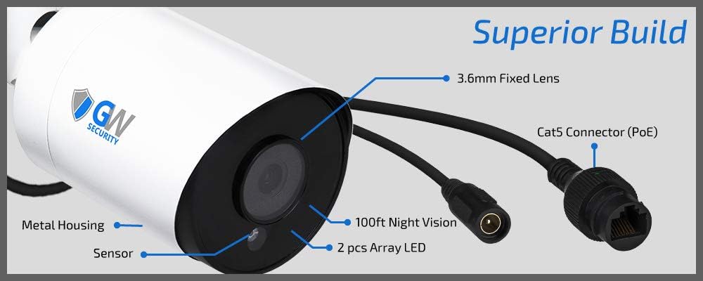 GW Security 6MP PoE IP Bullet Security Camera, Outdoor Indoor Surveillance