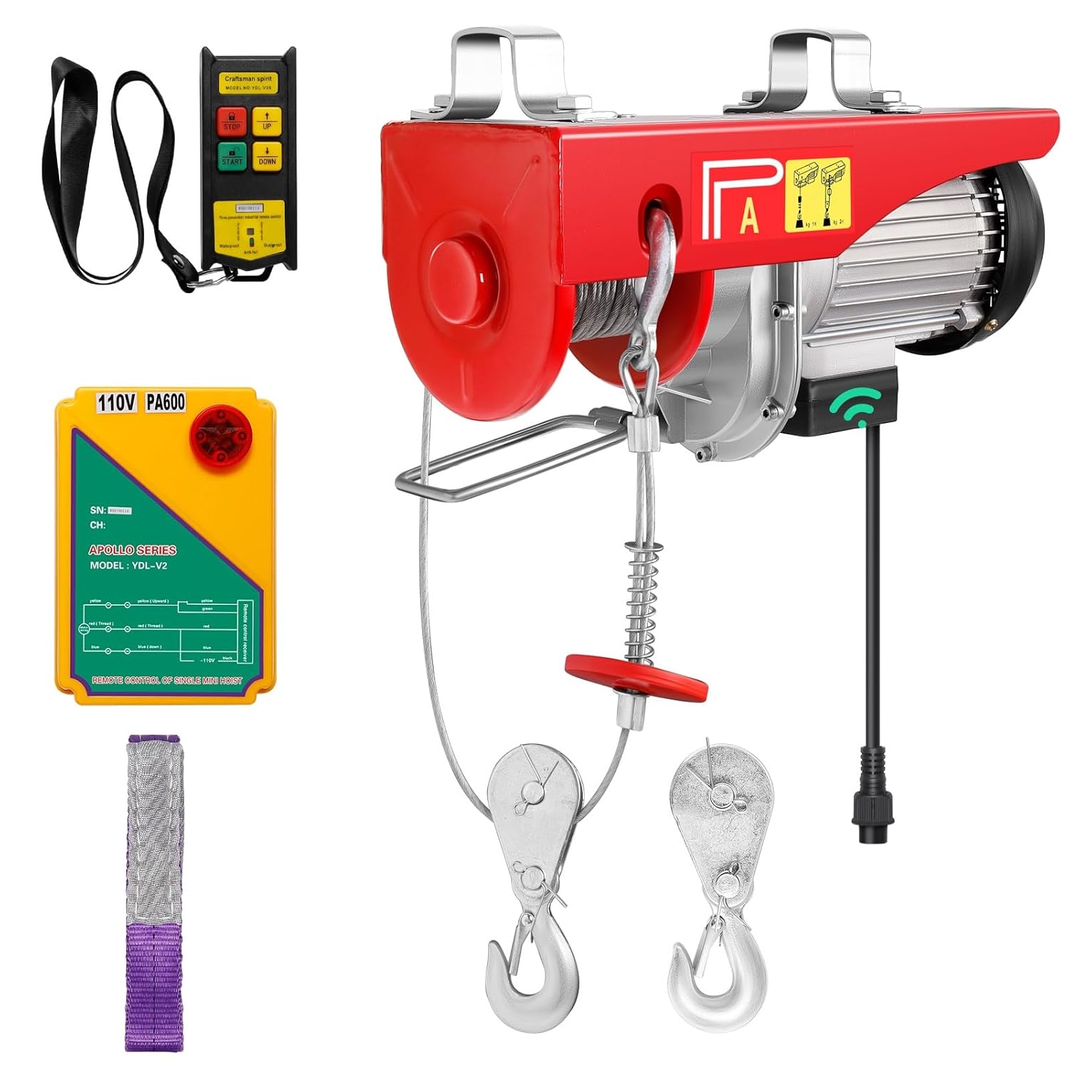 1320lbs Heavy Duty Auto Lifting Wireless Electric Hoist, with 39ft Rope, 110V for Warehouse, Garage, Factory