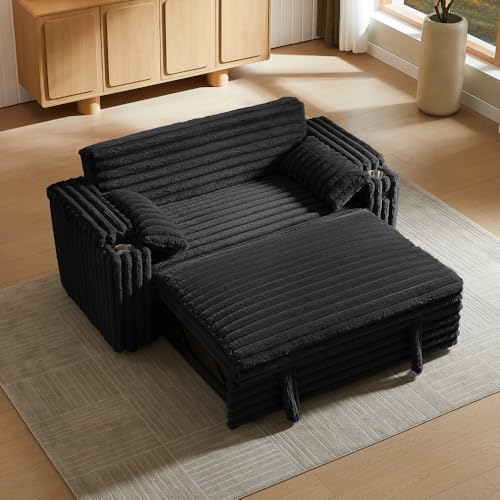 68.11" Corduroy Sleeper Chair Bed with USB Port, Cup Holders & Side Storage Pockets – 3-in-1 Foldable Sofa Bed for Guest Room, Living Room – White