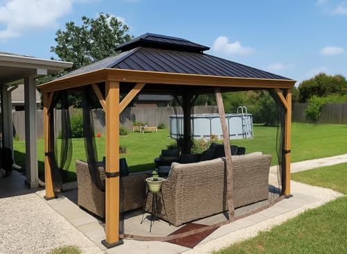 Kozyard Apollo 10’x12’ Hardtop Gazebo, Wooden Coated Aluminum Frame Canopy with Galvanized Steel Double Roof