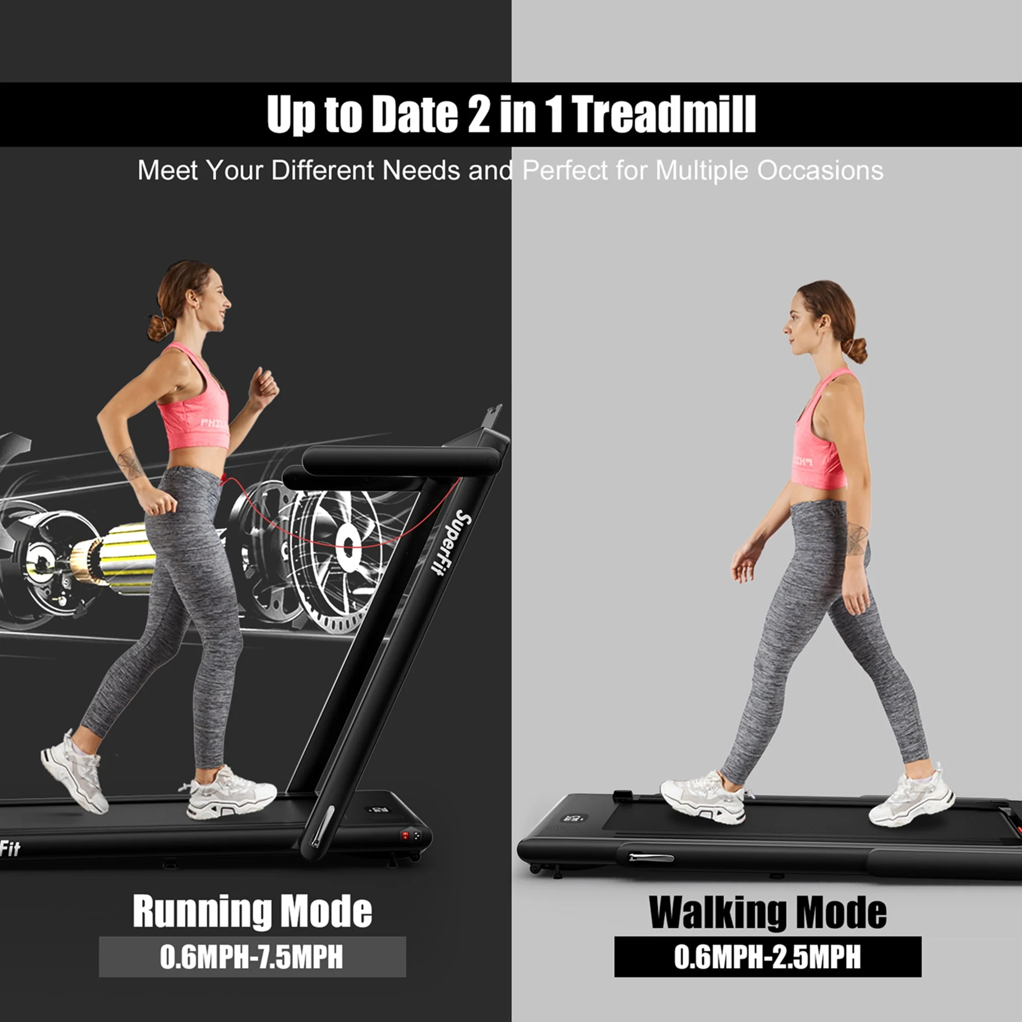 SuperFit Up To 7.5MPH 2.25HP 2 in 1 Single Display Screen Folding Treadmill W/ APP Control Speaker Remote Control Blue