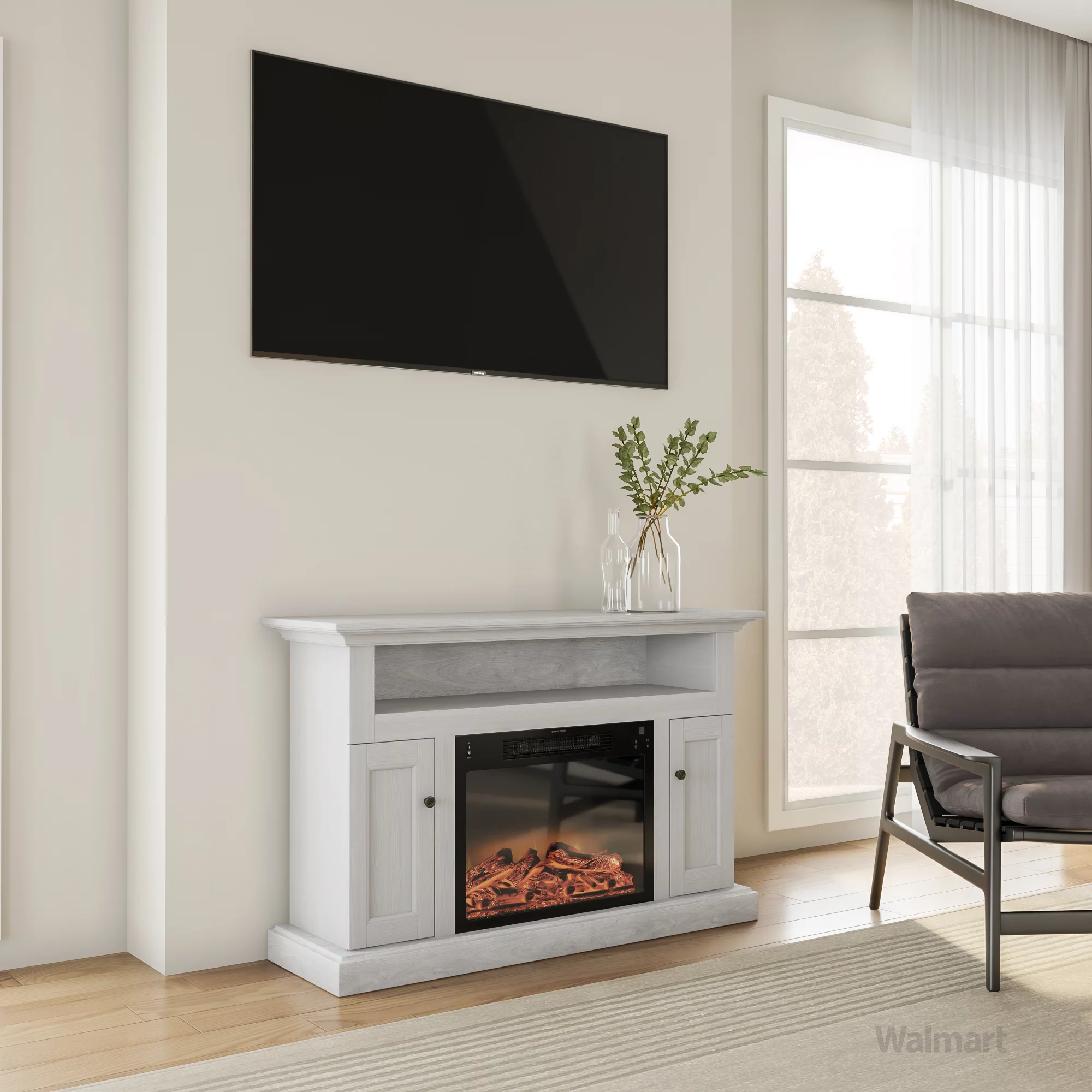 Cambridge Sorrento 47'' Electric Fireplace with Enhanced Log Insert | For Rooms up to 210 Sq.Ft. | TV Stand | Remote | White Mantel | Adjustable Heat