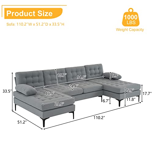 Karl home Convertible Sectional Sofa 110" U-Shape Sofa Couch 4-Seat Couch with Chaise ChenilleFabric Upholstered for Living Room, Apartment, Office