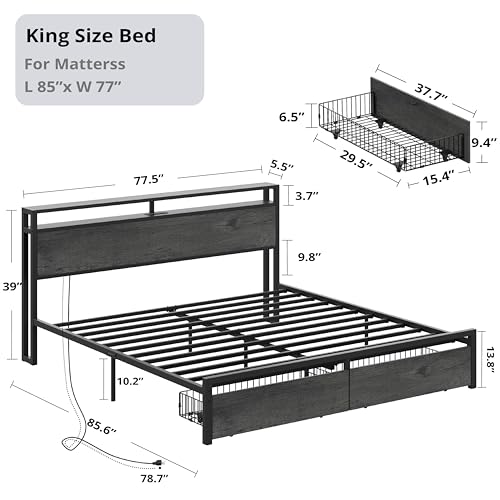 LIKIMIO King Bed Frame with Storage Headboard, Platform Bed with Drawers and Charging Station, No Box Spring Needed, Easy Assembly, Vintage Brown