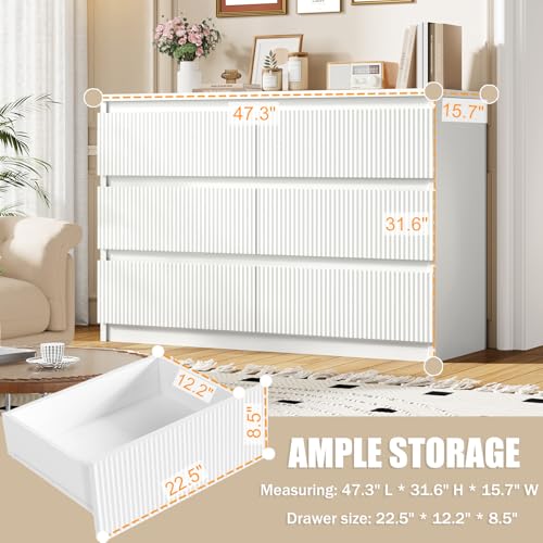 White 6 Drawer Dresser for Bedroom, Modern Fluted Dresser with Deep Drawers, Large Double Wooden Chest of Drawers for Living Room, Hallway