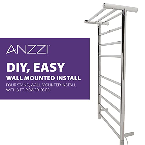 ANZZI Eve 8 Bar Wall Mounted Towel Warmer with Top Shelf in Brushed Nickel, Energy Efficient 93W Electric Plug in Heated Towel Rack for Bathroom