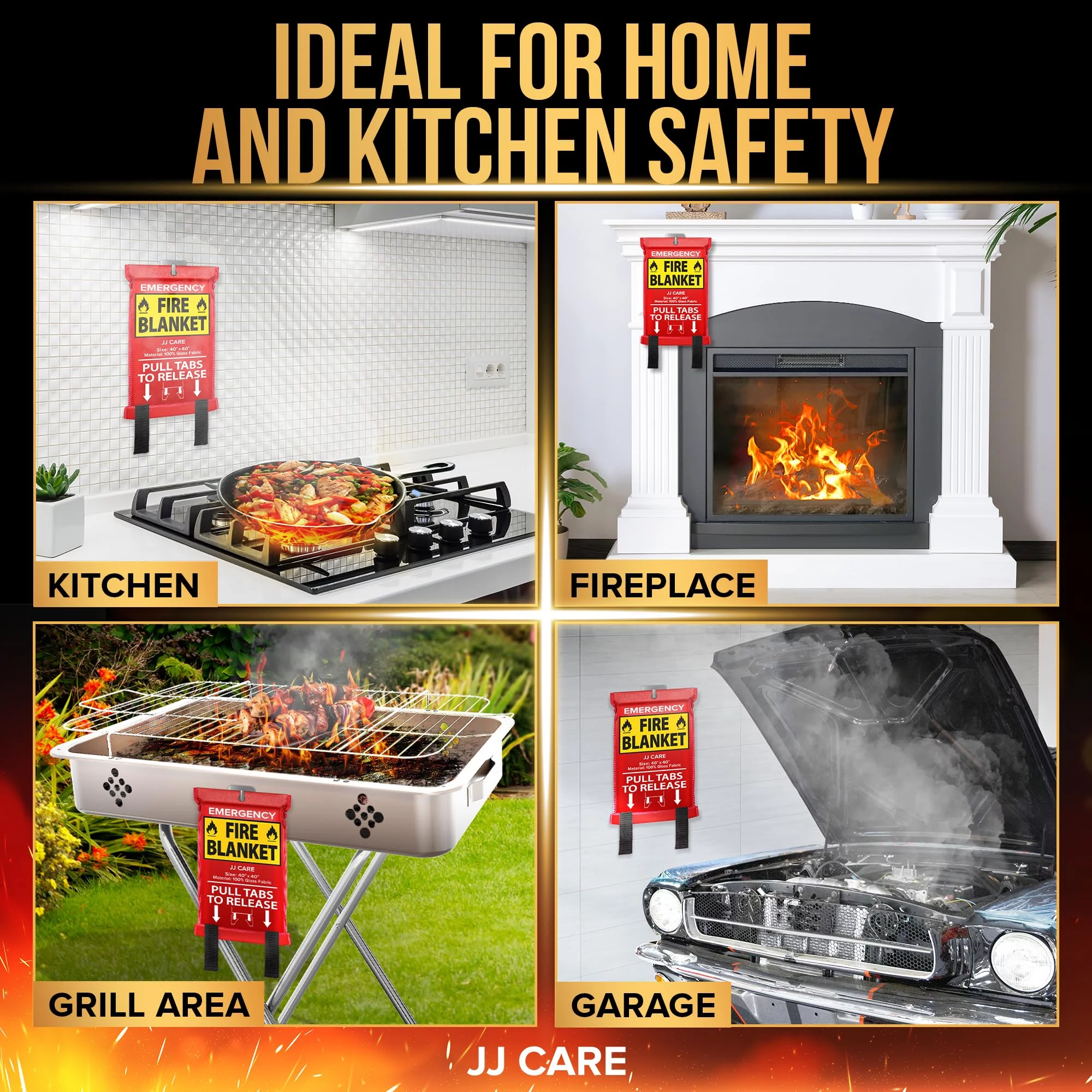 JJ CARE Fire Blanket – 4 Packs with Hooks – Emergency Fire Blanket for Home & Kitchen, High Heat Resistant Fire Suppression Blankets for Home Safety