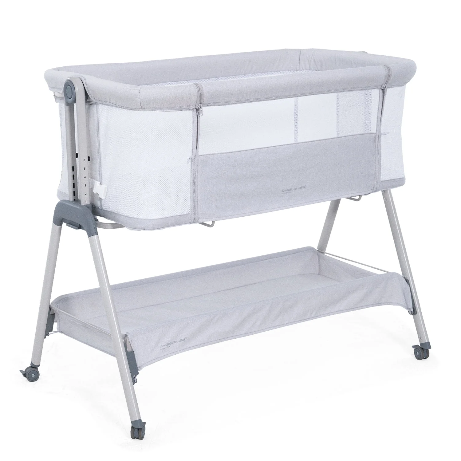 ANGELBLISS Flat Bedside Bassinet with Storage Basket, Easy Folding Portable Crib with Wheels, Included Breathable Mesh