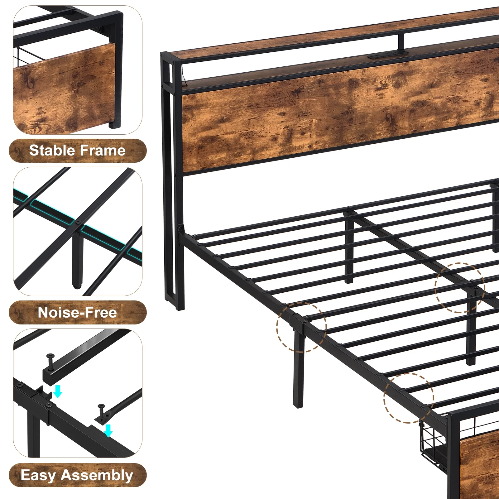 Full Size Bed Frame with Storage Headboard Charging Station USB Outlet